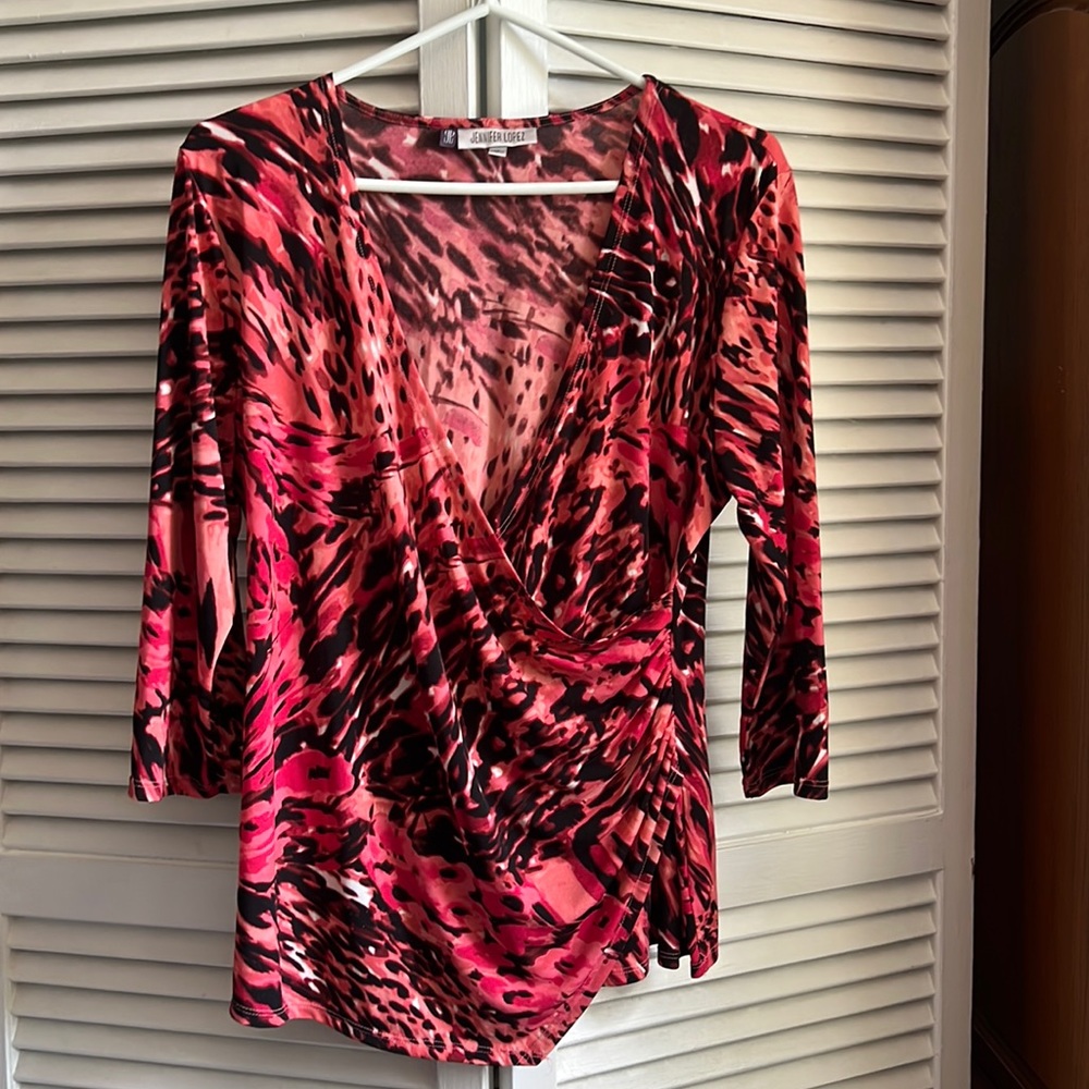 Jennifer Lopez Pink and Black Animal Print V-Neck Wrap Top